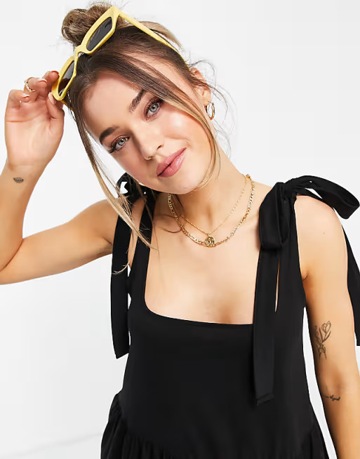 ASOS DESIGN square neck tie shoulder tiered maxi dress in black | ASOS | ASOS (Global)