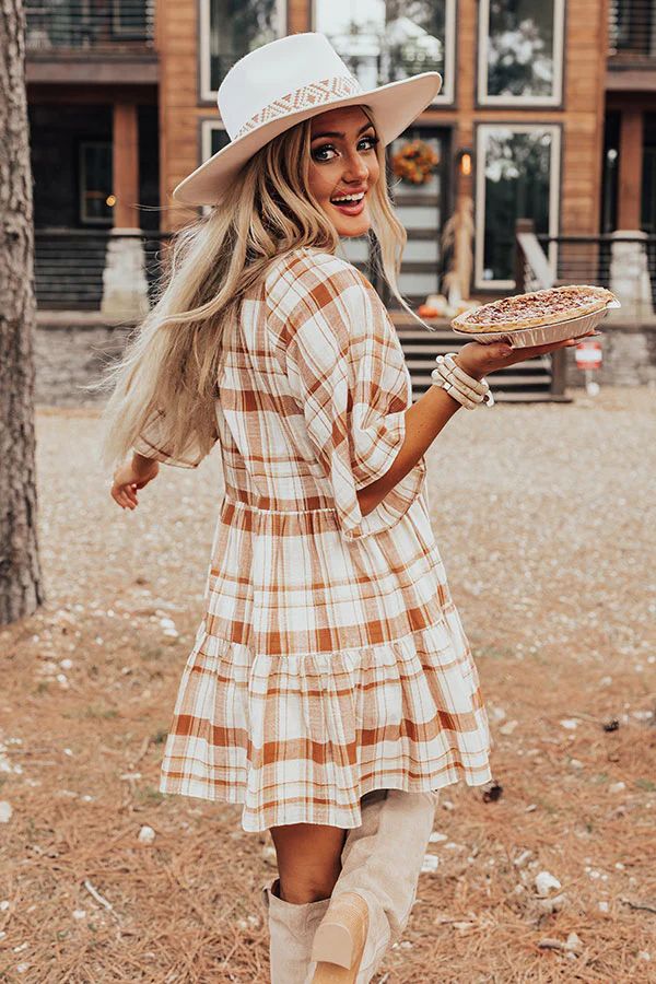 Boho In Soho Plaid Shift Dress in Camel | Impressions Online Boutique