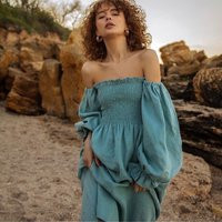 Cyan Linen Midi Dress Off-Shoulder Balloon Sleeve Special Occasion Dress | Etsy (US)