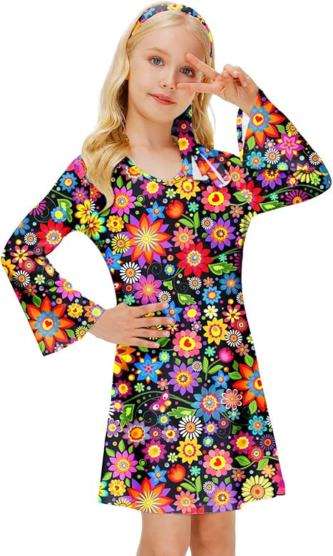 Deerose 60s 70s Girls Hippie Costume with Headband Groovy Floral Printed Dress 5-14 Years | Amazon (US)