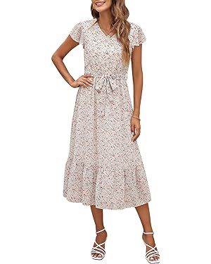 Manydress Womens Summer Casual Flutter Sleeve V Neck Dresses Chiffon Floral Print Ruffle Boho Mid... | Amazon (US)
