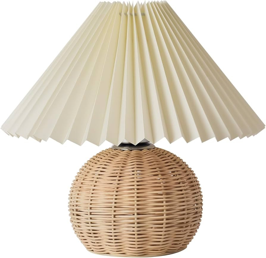 KUNJOULAM Pleated Table Lamp, 11" Bedside Nightstand Lamp with Rattan Metal Base, Desk Light for ... | Amazon (US)