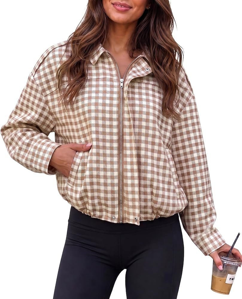 Fisoew Womens Zip Up Checkered Jackets Casual Collared Fall Cropped Coat | Amazon (US)
