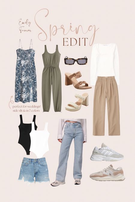 Spring 2023 Edit 🤎 love this dress for a wedding guest fit - comes in 7 colors and has a high slit. Bodysuits are a must. Sandals are under $50. Rectangle sunnies are trending! These denim shorts are a fave! Target, Abercrombie, diff eyewear, adidas, new balance, spring fits, spring ootd, spring outfit 

#LTKwedding #LTKU #LTKshoecrush