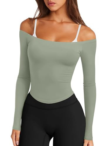 LASLULU Womens Long Sleeve Off The Shoulder Workout Tops Gym Yoga Shirts Slim Y2K Going Out Casual Fall Winter Outfits Crop Tops 2025(Light Green X-Large) | Amazon (US)