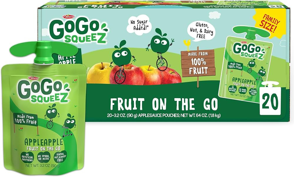 GoGo squeeZ Applesauce and Fruit Puree, Apple Apple, 3.2 oz (Pack of 20), Unsweetened Fruit Snack... | Amazon (US)