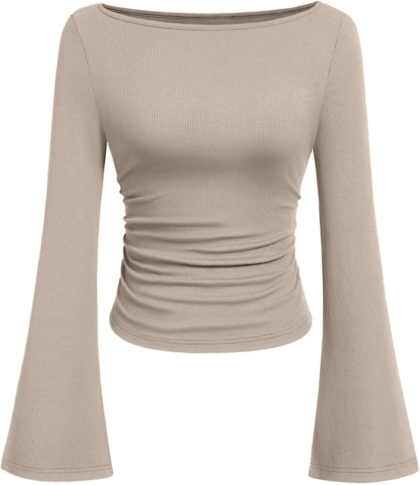 Women's Long Sleeve Shirts 2025 Fall Crop Work Tops Casual Boat Neck Bell Sleeve Ribbed Ruched To... | Amazon (US)