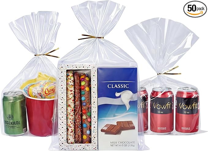 Wowfit 50 CT 10x16 Inches Clear Flat Cellophane Treat Bags with 6" Gold Twist Ties – Large Cell... | Amazon (US)