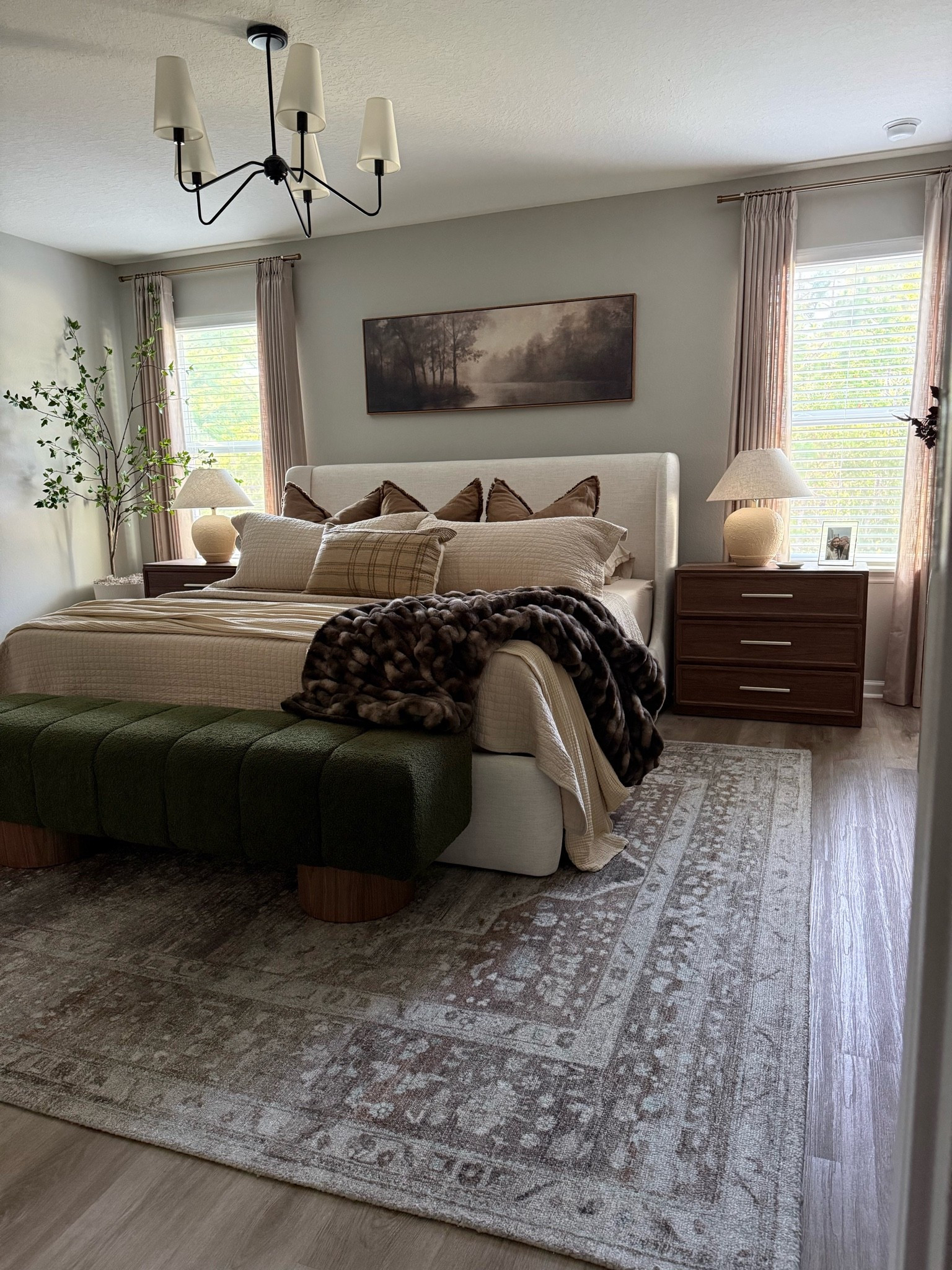 #ad Bedroom favorites starting with my olive green bench.. I love the boucle material and it’s the perfect size for a king. My oversized nightstands and textured lamps are such a great combo. And lastly, my favorite earthy Loloi rug 😍 @Wayfair 

#wayfairpartner #wayfair 

Bedroom inspo, bedroom rug, oversized nightstands, Loloi rugs, designer inspired home finds, cozy bedding, moody bedroom, master bedroom, guest bedroom

#LTKHome #LTKSaleAlert