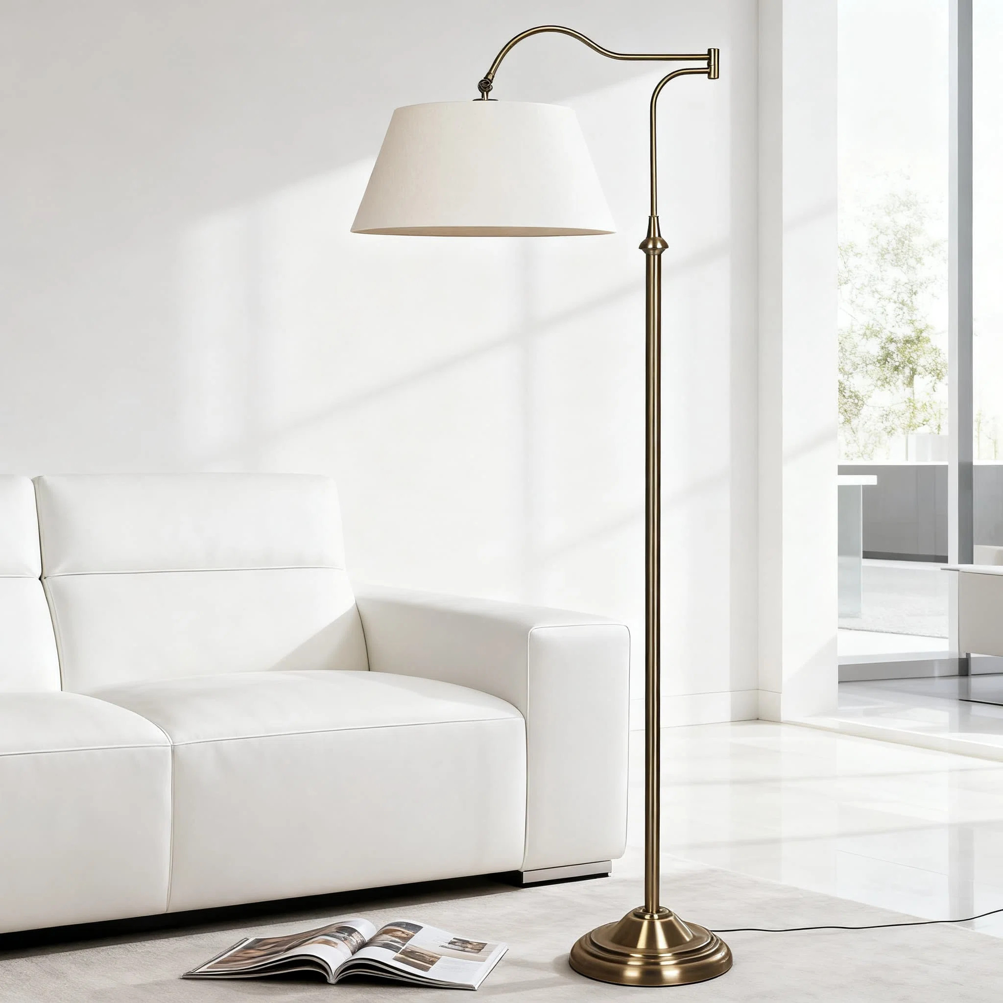 House of Hampton® Swing Arm Floor Lamp With 180° Adjustable Cantilever And Beige Linen Shade, M... | Wayfair North America