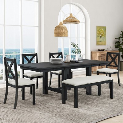 TIRAMISUBEST Farmhouse 6-Piece Extendable Dining Table Set with Footrest, 4 Upholstered Dining Chairs and Dining Bench, Two 11"Removable Leaf | Target