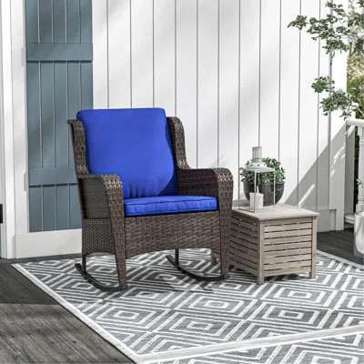 Outdoor Wicker Rocking Chair with Wide Seat, Thick Cushions, Rattan Rocker with Steel Frame, High Weight Capacity for Patio, Garden, Backyard, Dark Bl | Wayfair North America