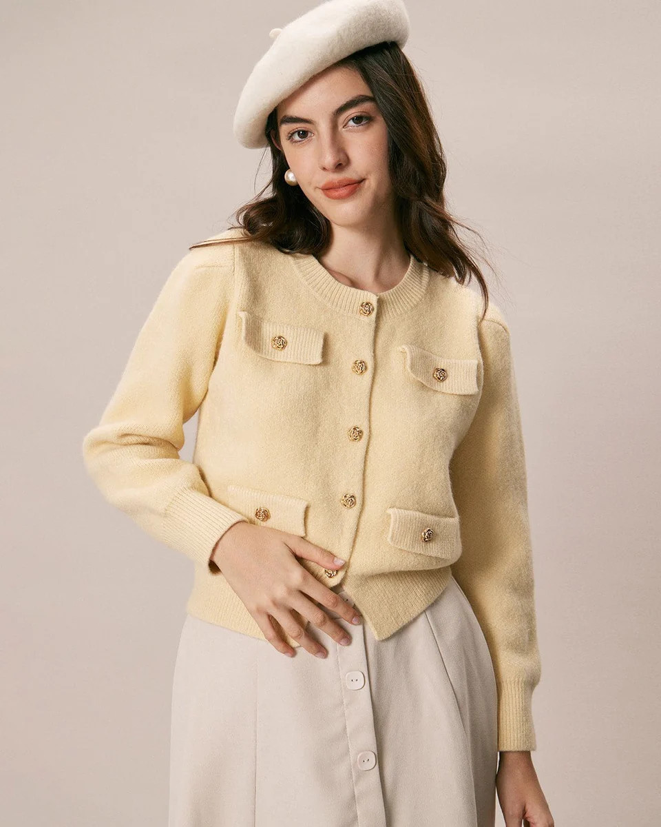 The Yellow Round Neck Ribbed Knit Cardigan & Reviews - Yellow - Tops | RIHOAS | rihoas.com