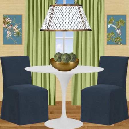 White tulip table, grand millennial, chinoiserie, chinoiserie art, Asian art, pleated pendant, plated chandelier, navy blue dining chairs, grasscloth, Ballard Designs, gold bowl, moss balls, green drapes, kitchen nook, breakfast nook

#LTKhome