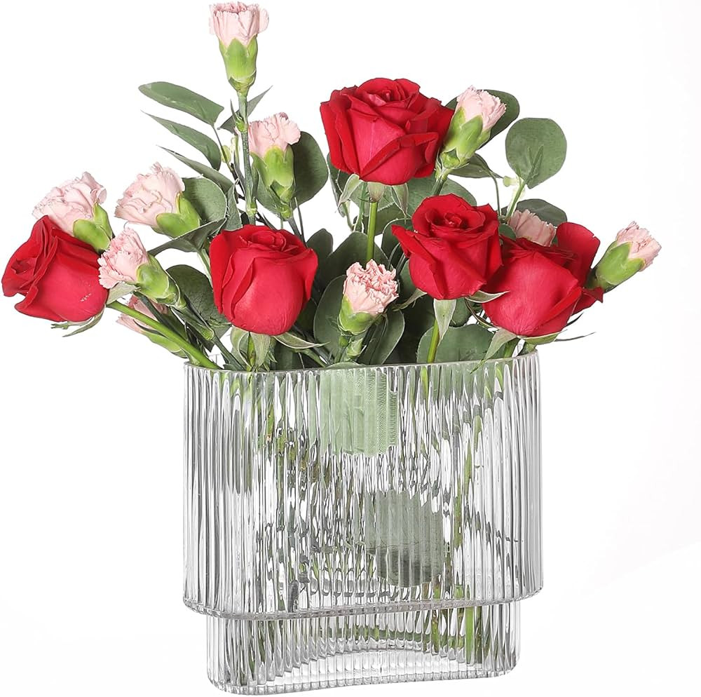 YANWE1 Ribbed Vase, Clear Glass Vase, Flower Vase for Centerpieces, Modern Vase, Fluted Glass Vas... | Amazon (US)