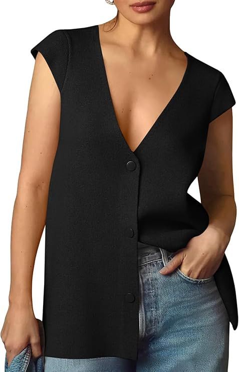 Saodimallsu Womens Deep V Neck Sweater Vest Sleeveless Knit Button Up Loose Fit Cap Sleeve Trendy... | Amazon (US)