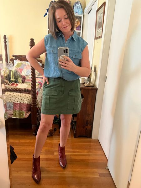 Wearing a small in sleeveless denim shirt and wearing size 8 in cargo skirt (I wish I had sized up — it’s tight!)

#LTKSeasonal #LTKstyletip #LTKunder50