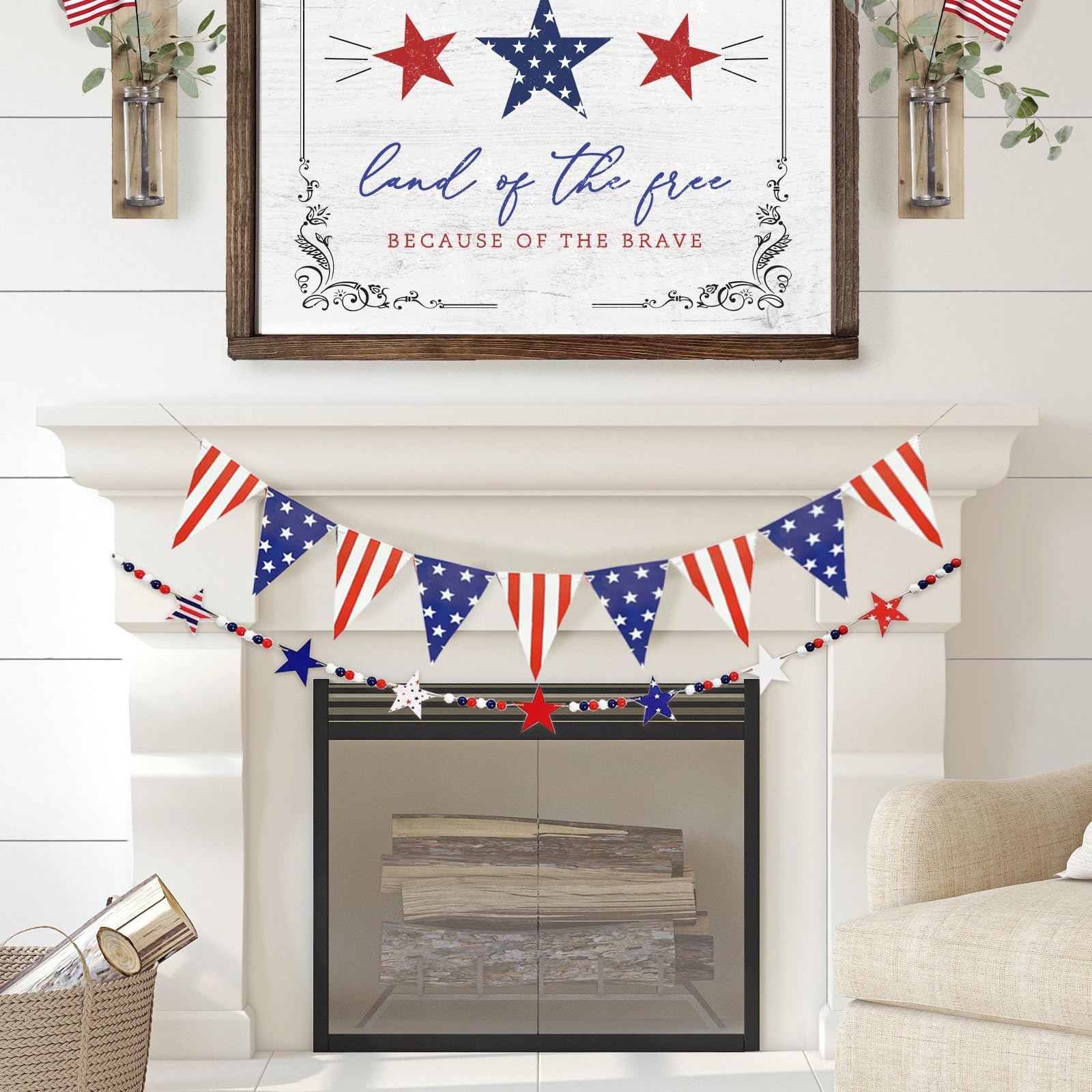 4th of July Patriotic Banner, Red White Blue Wood Bead Garland USA Flag Star Bunting Independence... | Amazon (US)
