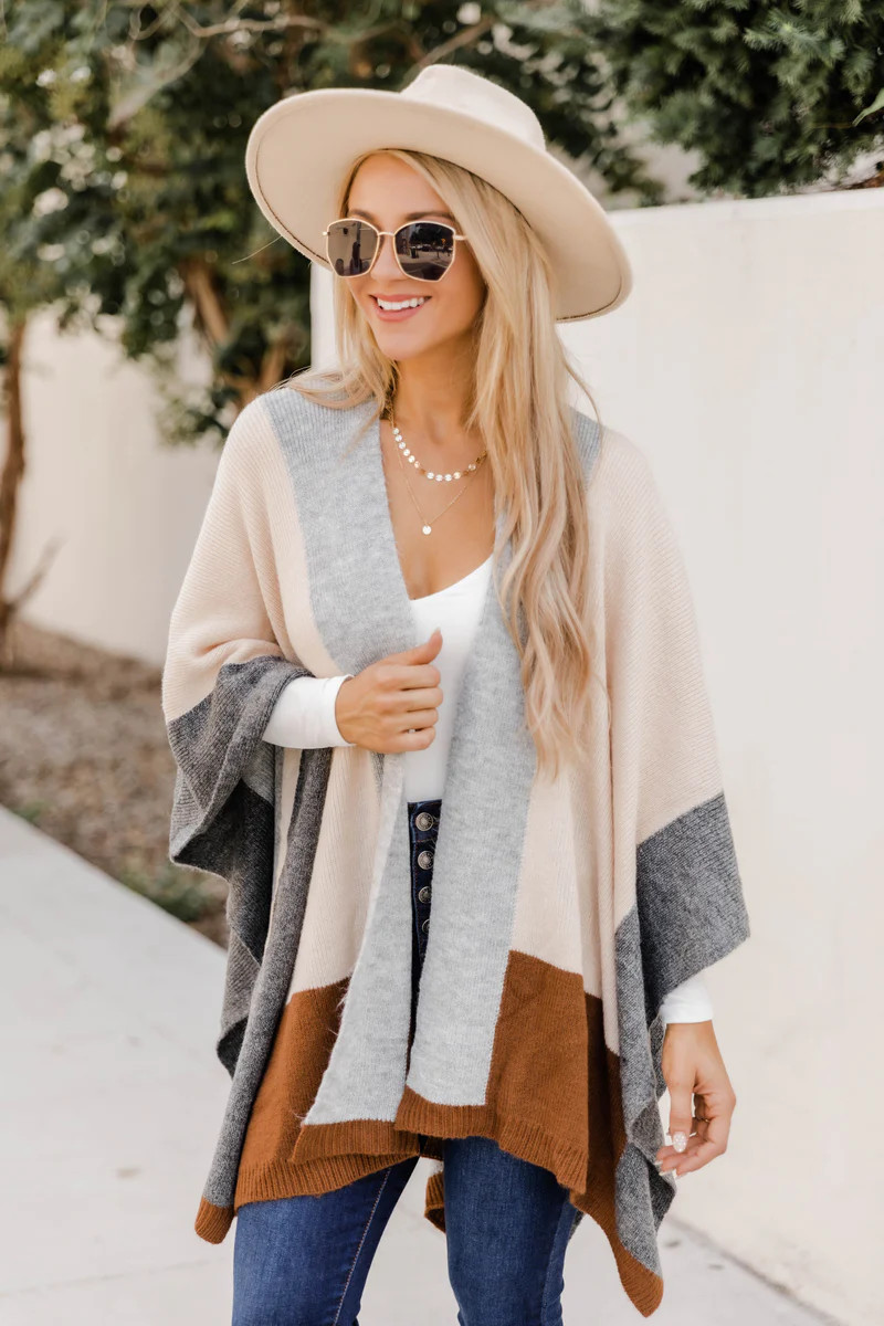 Borrow Your Time Colorblock Grey Poncho | The Pink Lily Boutique