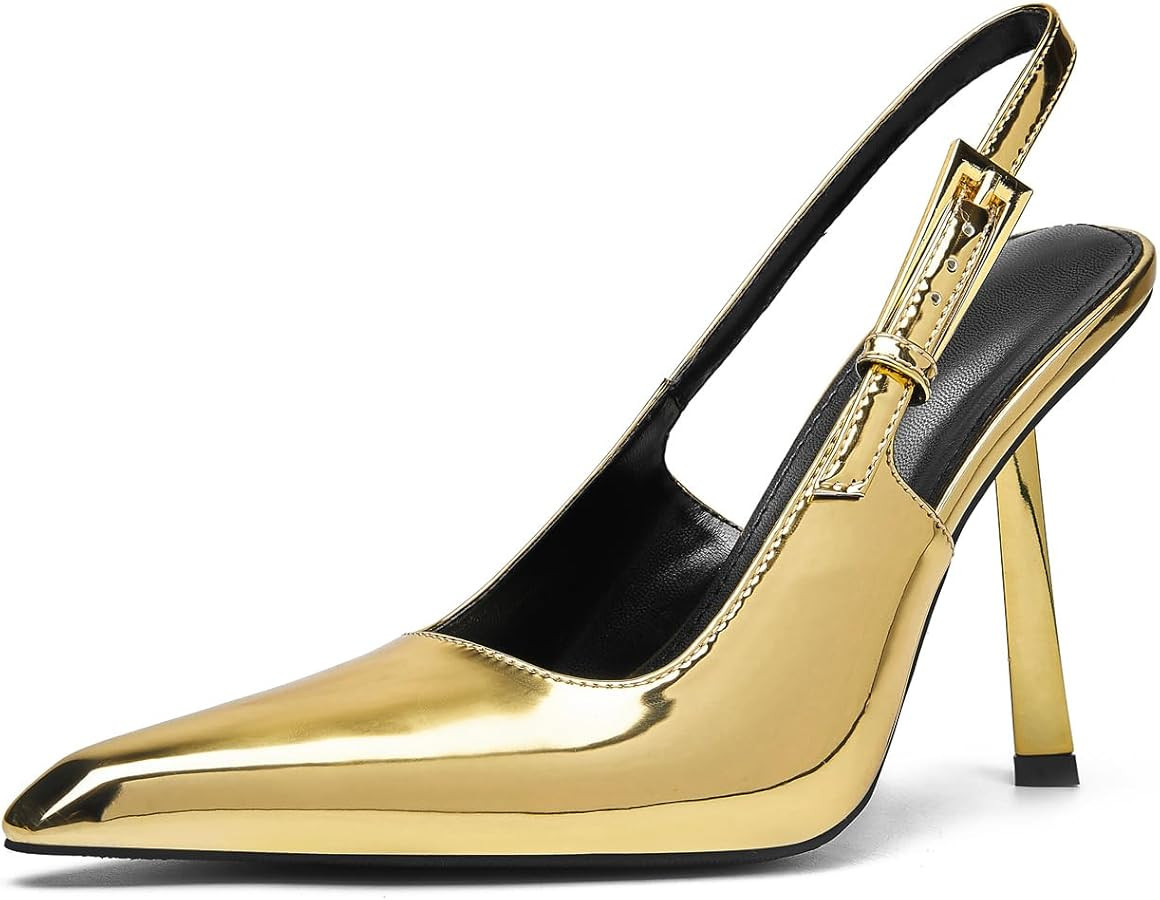 Slingback Closed Pointed Toe Heels Pumps Backless Shoes for Women Metal Ankle Strap Buckle Slip-o... | Amazon (US)