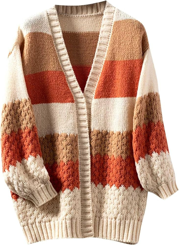 Trendy Fall Cardigan Sweaters for Women Striped Long Sleeve Open Front Jackets Casual Versatile C... | Amazon (US)