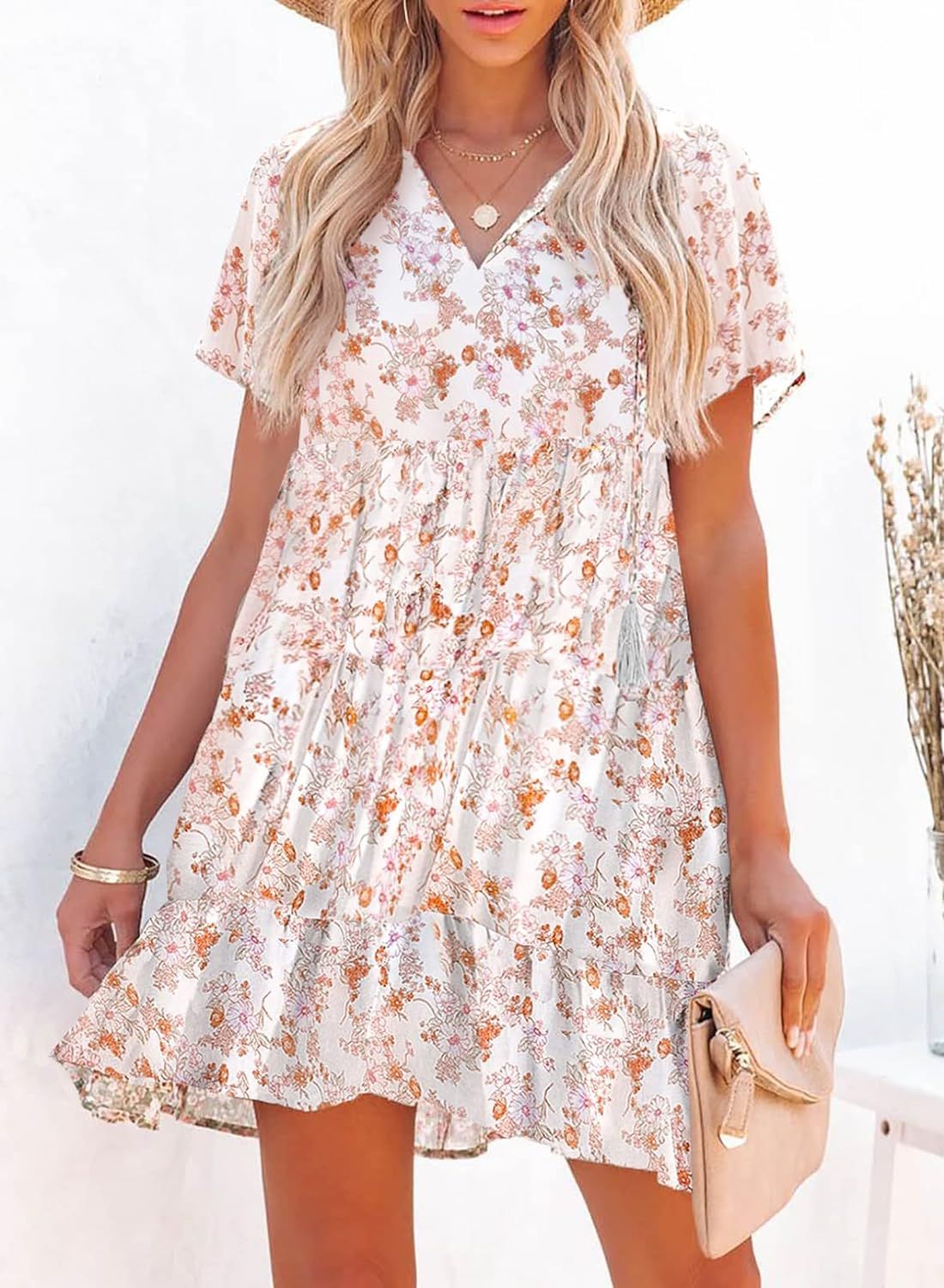 SHEWIN Women's Summer Floral Dress Casual V Neck Short Sleeve Ruffle Hem A-Line Boho Mini Dress | Amazon (US)