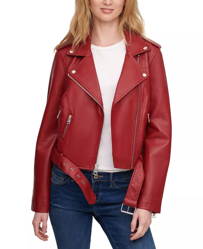 Women's Faux-Leather Belted Hem Moto Jacket | Macy's