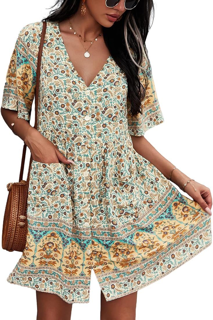 TEMOFON Women's Dress Bohemian Summer Floral Printed Button Down Mini V Neck Short Sleeve Casual Dre | Amazon (US)