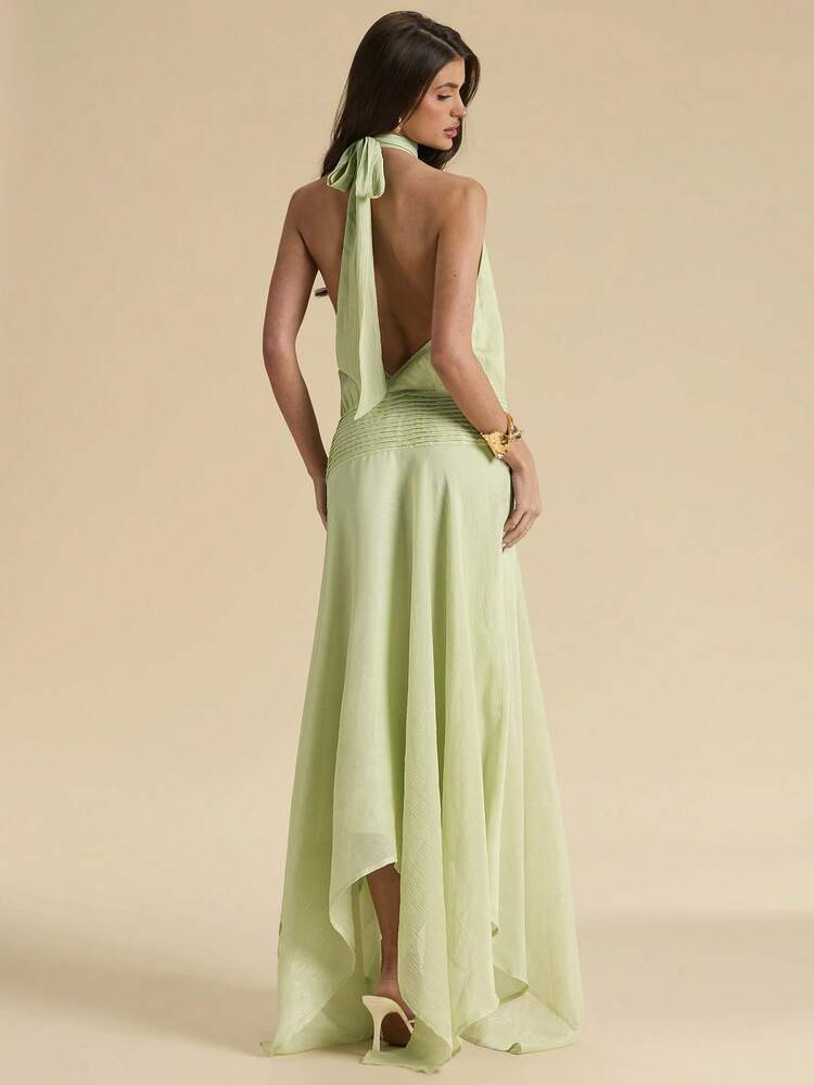 SHEIN BAE Mint Green Halter Tie Backless Low Waist Asymmetric Hem Dress, Elegant Women's Summer V... | SHEIN