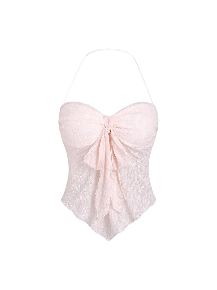 GORGLITTER Women's Bow Knot Front Asymmetrical Lace Halter Tops Sexy Backless Y2k Tops | Amazon (UK)