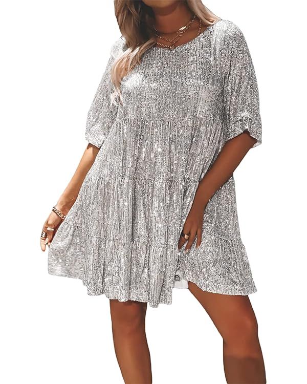 Women Sparkly Glitter Tunic Dress Short Sleeve Sequins Shinny Baby Doll Mini Dresses Party Concer... | Amazon (US)