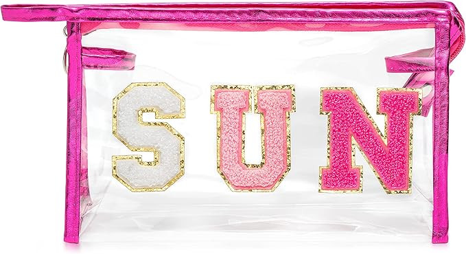 Y1tvei Preppy Patch SUN Varsity Letter Cosmetic Toiletry Bag Transparent PVC Zipper Makeup Bag Da... | Amazon (US)