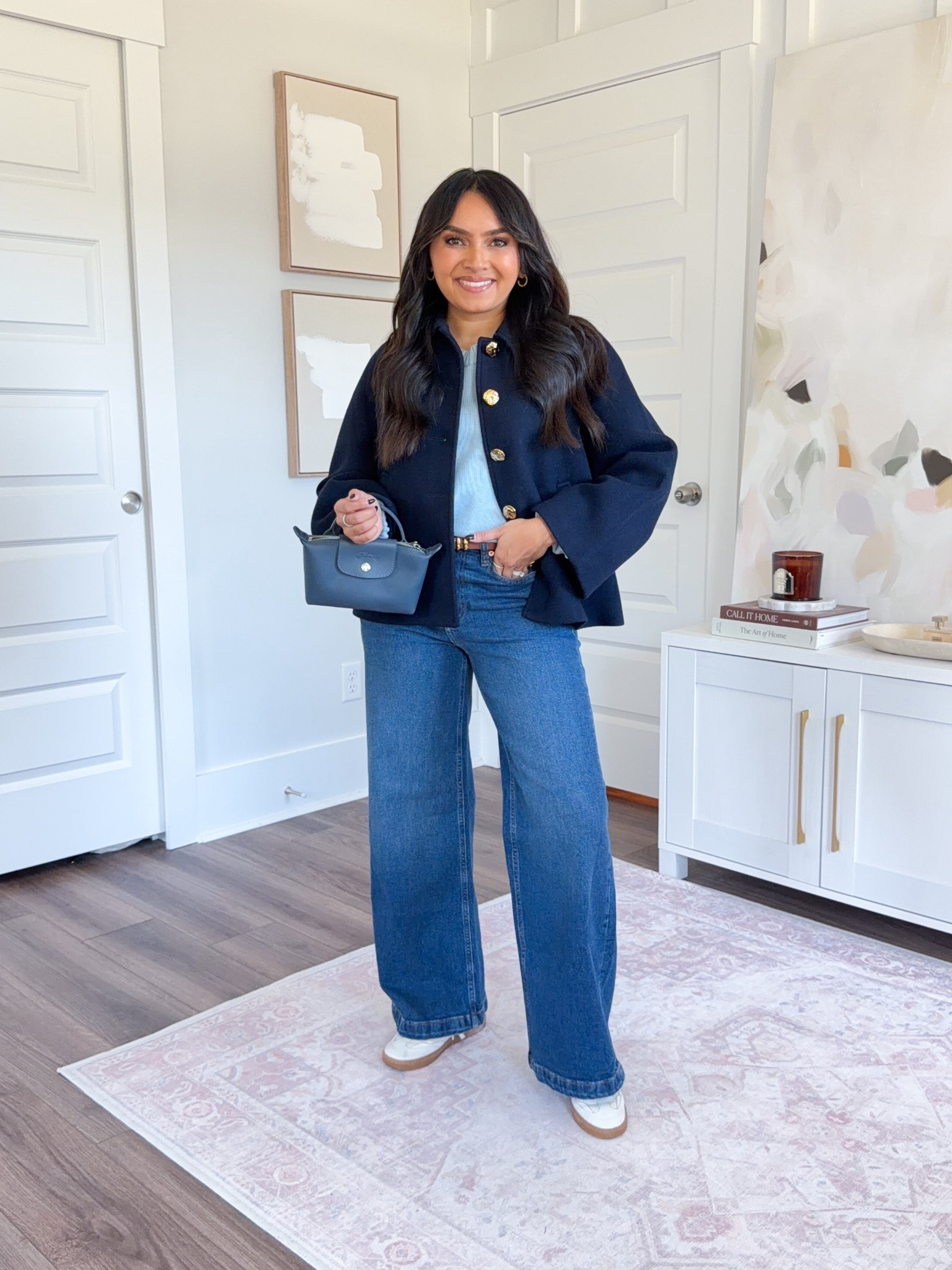 Navy wool blend crop swing coat size xs petite TTS
Light blue cotton sweater size xs TTS - this color is old
Dark wash wide leg jeans size 26 petite, 28” inseam TTS
Ecru mesh sneakers size 6 TTS

#LTKPetite #LTKSaleAlert #LTKStyleTip