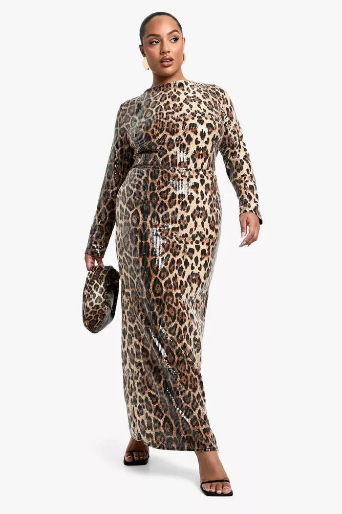 Plus Leopard Sequin Long Sleeve Scoop Back Top | boohoo (US & Canada)