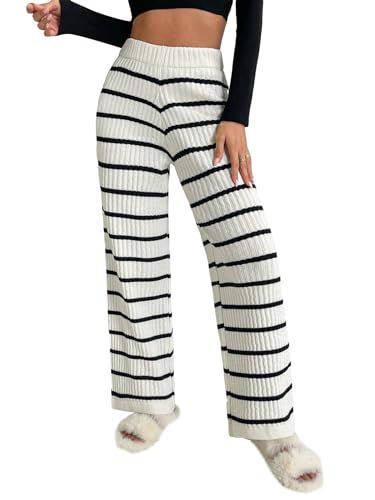 Verdusa Women's Elastic High Waist Stripe Print Knitted Lounge Sweater Pants | Amazon (US)