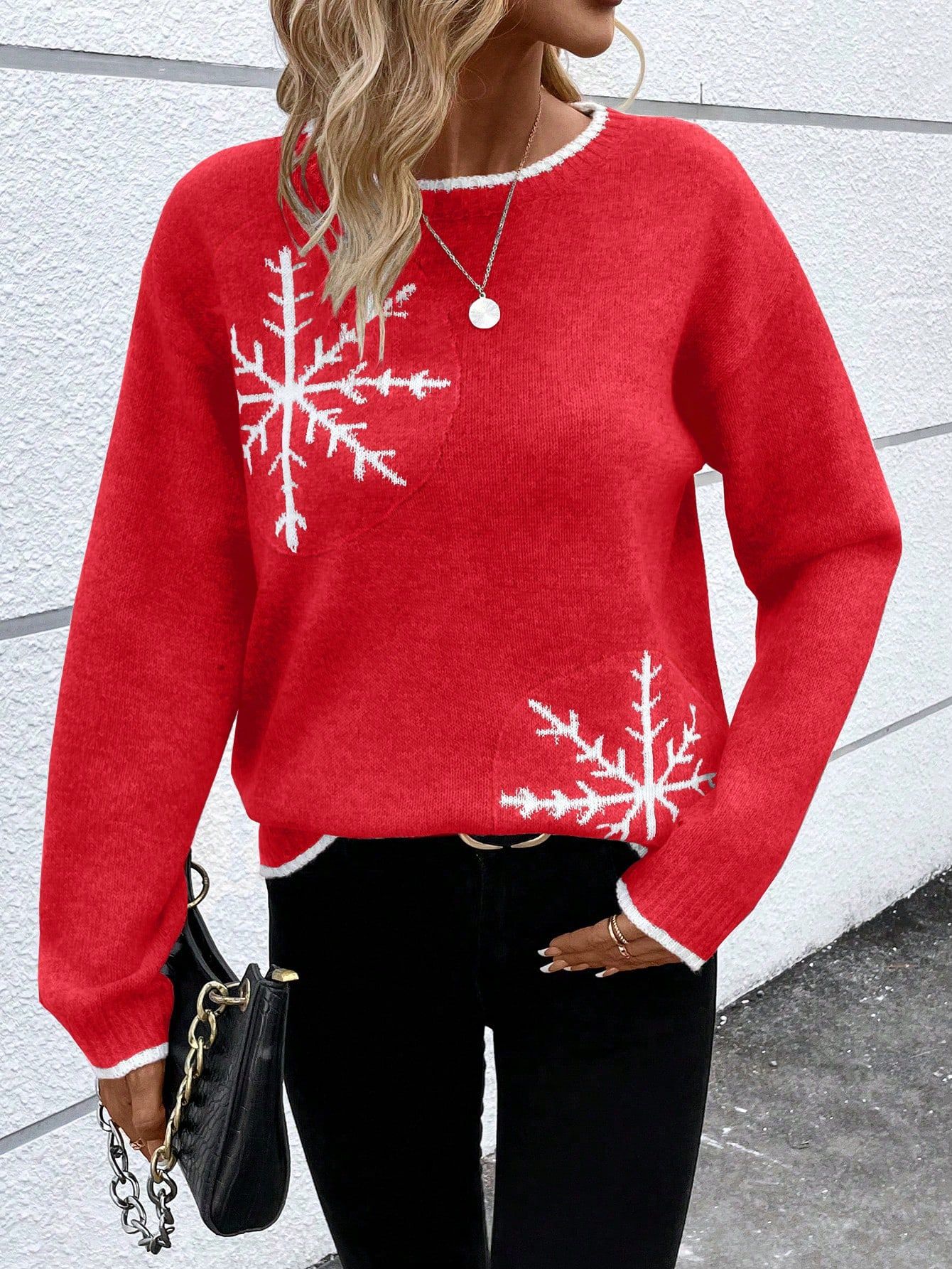 SHEIN LUNE Women'S Red Snowflake Round Neck Sweater | SHEIN