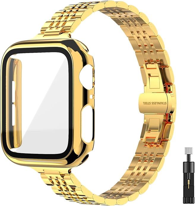 Thin Women Band Compatible with Apple Watch 38mm 40mm 41mmm 42mm 44mm 45mm with Face Cover, Stain... | Amazon (US)
