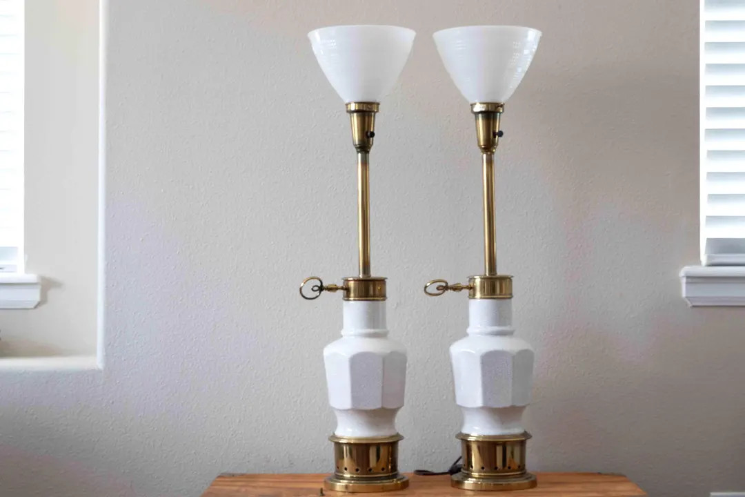 Mid Century Stiffel Table Lamp: Brass & Crackle Ceramic, Milk Glass Shade - Etsy | Etsy (US)