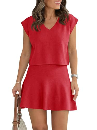 Wenrine Womens Summer 2 Piece Skirt Sets Casual V Neck Crop Tops A Line Mini Skirts Sleeveless Knit Sweater Matching Set | Amazon (US)