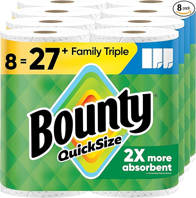Bounty Quick-Size Paper Towels, White, 8 Family Triple Rolls = 27 Regular Rolls | Amazon (US)