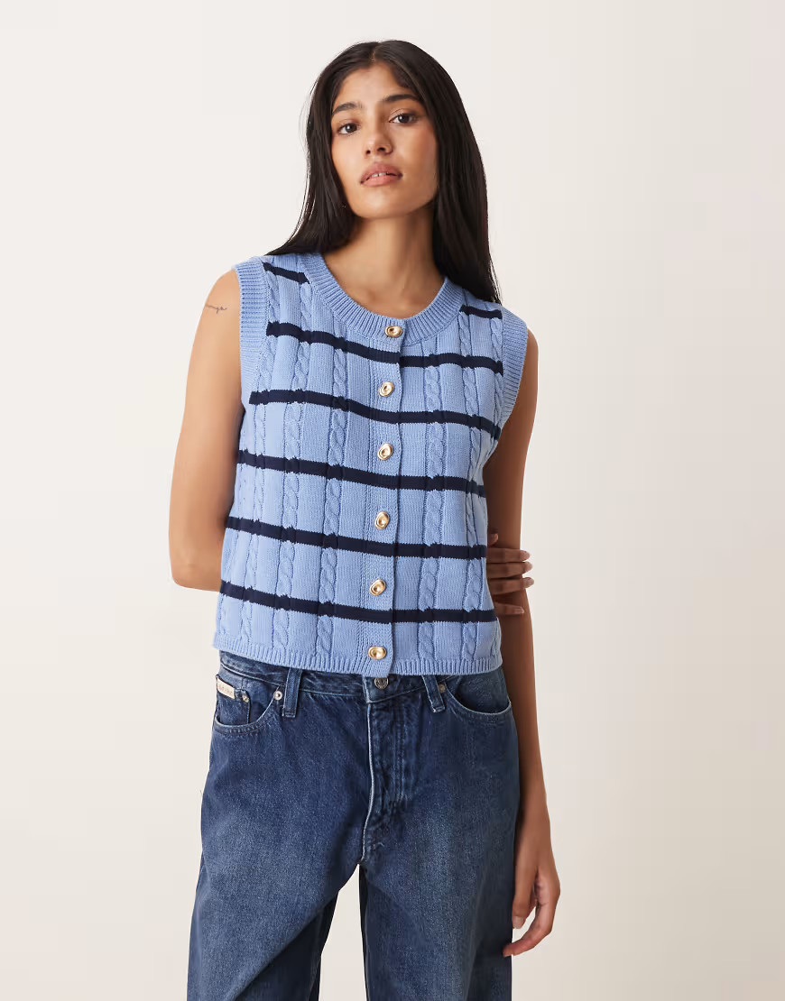 VILA button-front cable knit vest in blue stripe | ASOS (Global)