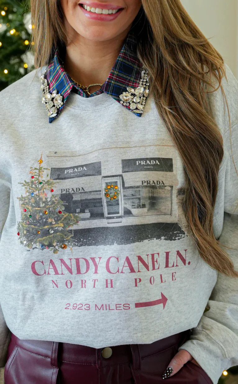 NEW!! "Candy Cane Marfa" Rhinestone Sweatshirt in Grey | Glitzy Bella