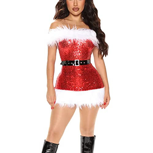 Djbdesi Sexy Mrs Santa Claus Dress Christmas Costume for Women off the Shoulder Velvet Sequin Babydoll Mini Dress (A-Red, S) | Amazon (US)