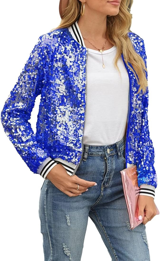 ACEFAST INC Women's Shiny Sparkle Sequins Long Sleeve Zip Blazer Halloween Party Bomber Jacket | Amazon (US)