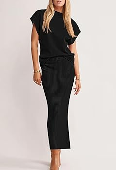 Pink Queen Women's 2 Piece Sweater Outfits Set Summer Cap Sleeve Tops Bodycon Maxi Long Skirt Kni... | Amazon (US)