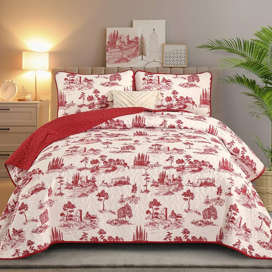 Yiran Red Botanical Plants Toile Quilt Set with 2 Pillowcases,Village Castle Christmas Quilt Cove... | Amazon (US)