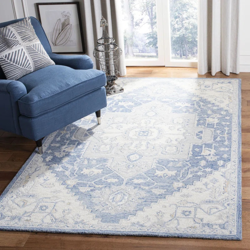 Cyrilmagnin Oriental Handmade Flatweave Wool Blue/Ivory Area Rug | Wayfair North America