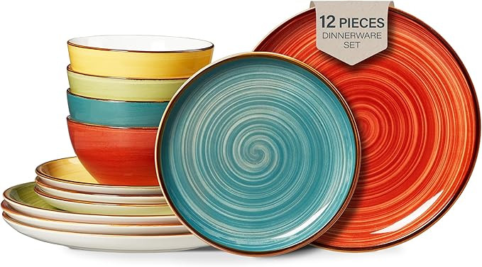 ONEMORE Plates and Bowls Set 12 Pcs,Stoneware Dinnerware Sets for 4 Microwavable,Oven & Dishwashe... | Amazon (US)