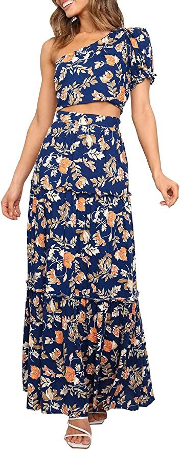 PRETTYGARDEN Women's 2 Piece Summer Outftis Casual Floral One Shoulder Crop Top High Waisted Maxi... | Amazon (US)