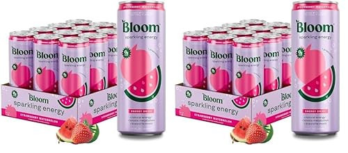 Bloom Nutrition Sparkling Energy Drink - Natural Caffeine, Zero Sugar, 180mg Caffeine - Antioxidant-Rich with Green Coffee Bean, Green Tea Extract, Prebiotics - Strawberry Watermelon - 12oz 24 Pack | Amazon (US)